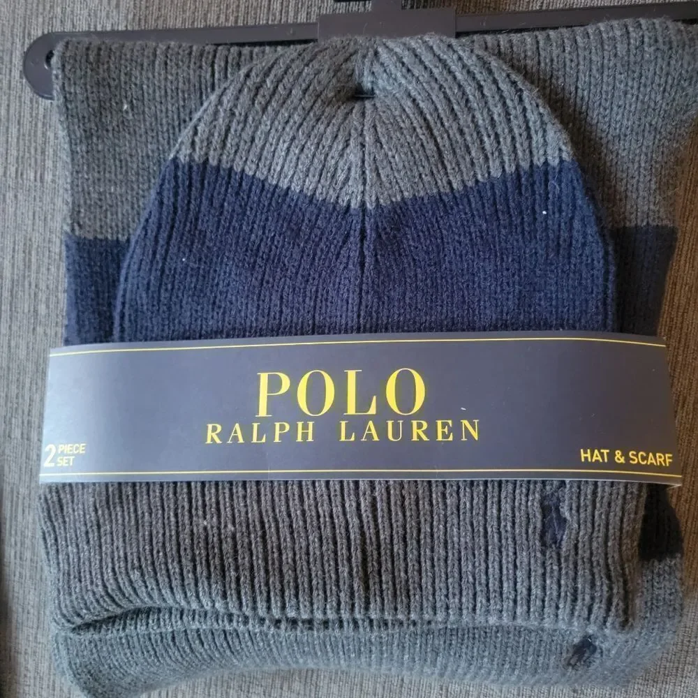 Polo Ralph Lauren Men's Grey & Navy Lambswool 2 Piece Set Hat & Scarf
